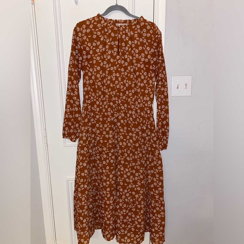 LOFT Floral Midi Dress Burnt Orange Long Sleeve Boho Fall Style – Size Medium